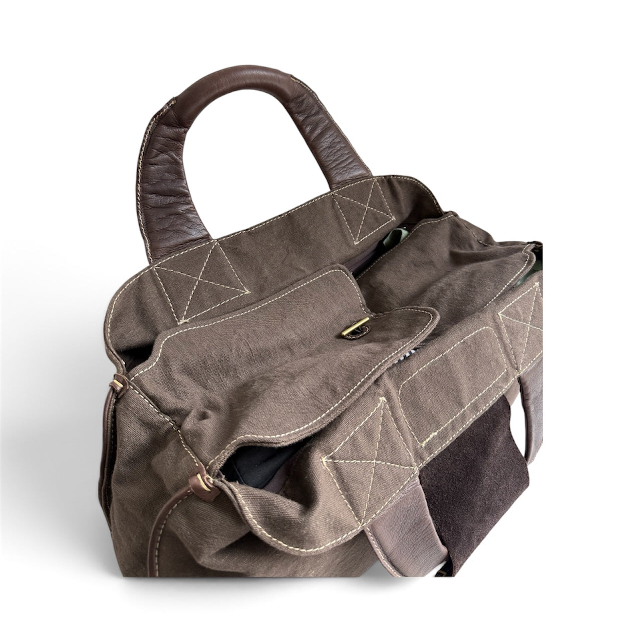 Issey Miyake Brown Canvas & Leather Boston Bag